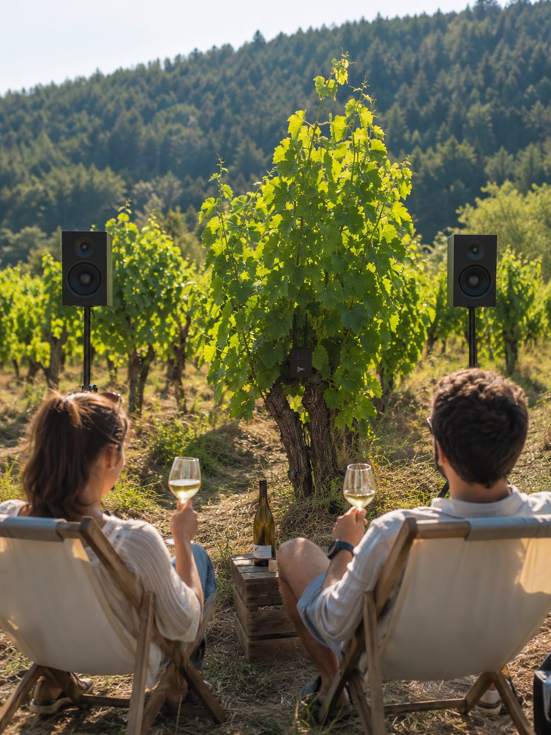 Deux personnes assises dans des transats face à un cep de vigne équipé de capteurs, un verre de vin à la main, deux enceintes de part et d'autre au milieu des rangs
